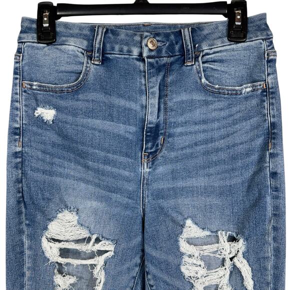 American Eagle SZ 8 SHORT Curvy Jeggings Jeans Super Hi-Rise Distressed Rip Blue - Picture 2 of 13
